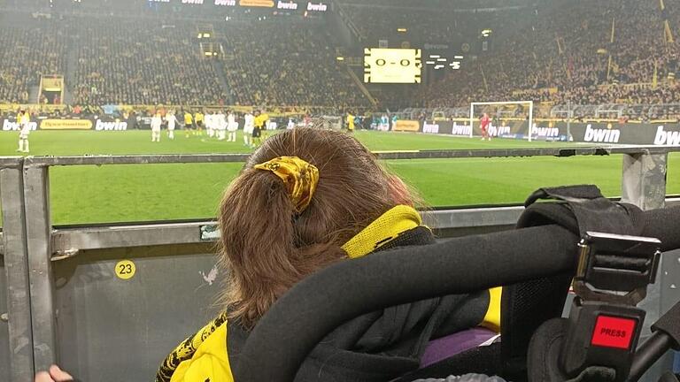 Luisa auf dem Rollstuhlplatz im Zuschauerraum des Westfalenstadions.       -  Luisa auf dem Rollstuhlplatz im Zuschauerraum des Westfalenstadions.