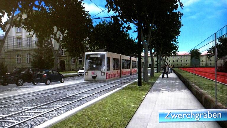 Die Straßenbahn-Linie 6 fährt im Zwerchgraben dem Hubland entgegen.&nbsp; Ein Screenshot aus einer WVV-Visualisierung aus dem Jahr 2011.&nbsp; Frühestens könne dies nun im März 2027 der Fall sein, hieß es in der Stadtratssitzung.