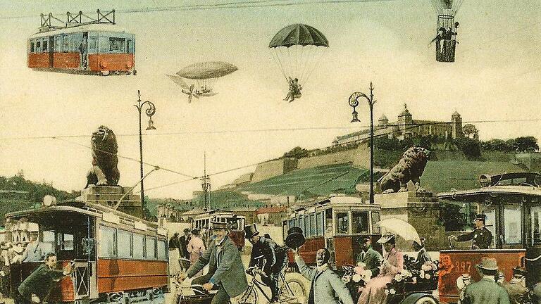 So stellte man sich um 1900 auf einer Postkarte die Zukunft der Mobilität in Würzburg vor. So stellte man sich um 1900 auf einer Postkarte die Zukunft der Mobilität in Würzburg vor.
