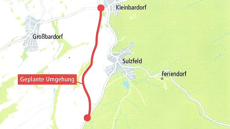 Der Trassenverlauf: Die geplante Umgehung soll westlich um die Gemeinde Sulzfeld herumgeführt werden.