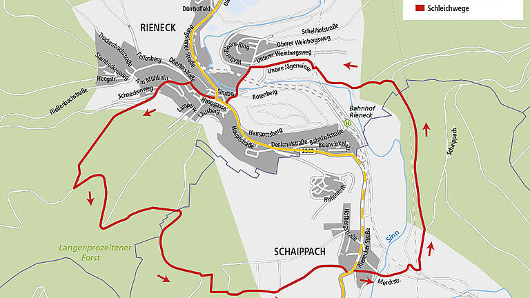 Schleichwege während der Sperrung der Staatsstraße 2303 zwischen Rieneck und Schaippach. Schleichwege während der Sperrung der Staatsstraße 2303 zwischen Rieneck und Schaippach.