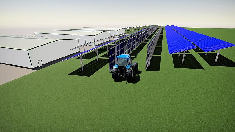 Zur Bewirtschaftung der landwirtschaftlichen Fläche unter den PV-Modulen oder bei Regen können die Module senkrecht gestellt werden. Die Firma Gillig und Keller veranschaulichte das Vorhaben dem Stadtrat unter anderem mit dieser Graphik. Zur Bewirtschaftung der landwirtschaftlichen Fläche unter den PV-Modulen oder bei Regen können die Module senkrecht gestellt werden. Die Firma Gillig und Keller veranschaulichte das Vorhaben dem Stadtrat unter anderem mit dieser Graphik.