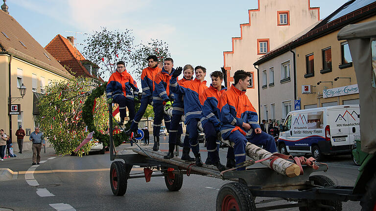 Mit großer Begeisterung fahren die Mitglieder der Jugendfeuerwehr ihren Maibaum zum Marktplatz.