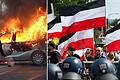 Extremismus Collage.jpg       -  Während Linksextremisten vor allem mit Sachbeschädigung auffallen, wenden Rechtsextremisten öfter Gewalt gegen Andersdenkende an.