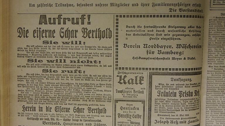 'Eiserne Schar Berthold': Das Freikorps eines bekannten Kampffliegers wurde im Mai 1919 gegen Schweinfurter Arbeiter eingesetzt. 'Eiserne Schar Berthold': Das Freikorps eines bekannten Kampffliegers wurde im Mai 1919 gegen Schweinfurter Arbeiter eingesetzt.