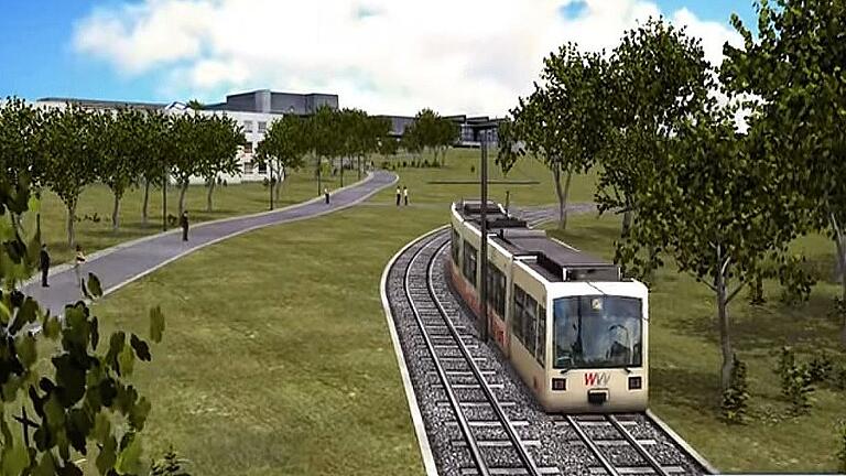 Würzburgs Hochschulen setzen auf neue Straßenbahnlinie       -  Schon 2011 ließ die WVV in einer Animation die Straßenbahn auf der geplanten Trasse ans Hubland fahren - hier ein Ausschnitt an der sognannten Drachenwiese.