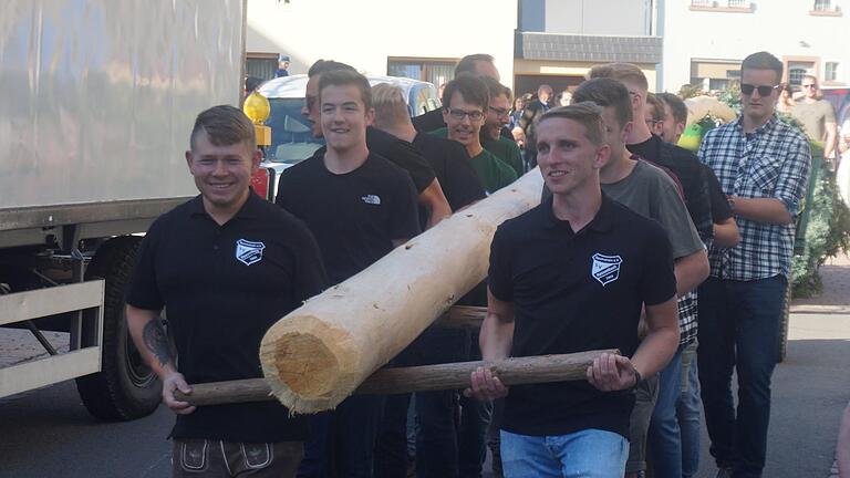 Die Dorfjugend trägt den Kirmesbaum zur Aufstellung.  Fotos: Marcus Leitner       -  Die Dorfjugend trägt den Kirmesbaum zur Aufstellung.  Fotos: Marcus Leitner