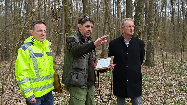 Der Forstsachverständige Ruppert Wolf (Mitte) erläutert ALE-Projektleiter Helmut Hemrich (links) und dem Kolitzheimer Bürgermeister Horst Herbert die Maßnahmen zur Holzwertermittlung. Der Forstsachverständige Ruppert Wolf (Mitte) erläutert ALE-Projektleiter Helmut Hemrich (links) und dem Kolitzheimer Bürgermeister Horst Herbert die Maßnahmen zur Holzwertermittlung.