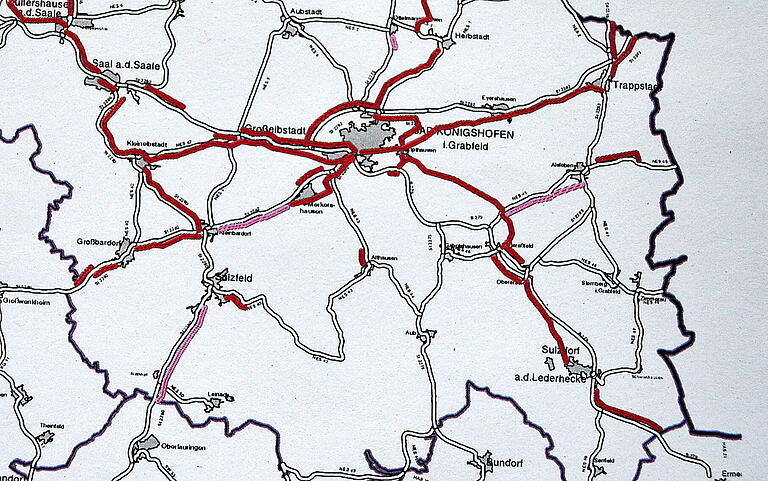 Der Plan zeigt: Der Lückenschluss zwischen Merkershausen und Kleinbardorf (hellrot) gehört zum großen Radwegekonzept des Staatlichen Bauamts und schafft Verbindungen Richtung Schweinfurt. Karte: Staatliches Bauamt Schweinfurt Der Plan zeigt: Der Lückenschluss zwischen Merkershausen und Kleinbardorf (hellrot) gehört zum großen Radwegekonzept des Staatlichen Bauamts und schafft Verbindungen Richtung Schweinfurt. Karte: Staatliches Bauamt Schweinfurt