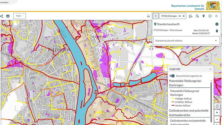 In der Sturzwasserkarte für Kitzingen kann man die Bereiche erkennen, die nach einem Starkregen von starkem Wasserabfluss (rot) oder von aufgetautem Wasser (lila) betroffen sein könnten.