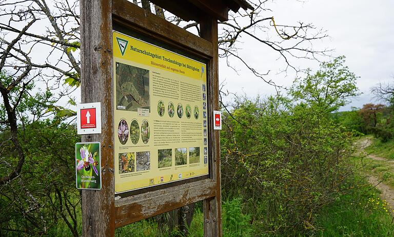 Hinweisschild im Naturschutzgebiet Böttigheim im Landkreis Würzburg. Das Naturschutzgebiet ist bekannt für seine Trockenhänge und vielfältigen Lebensräume, vor allem für streng geschützte heimische Orchideen.