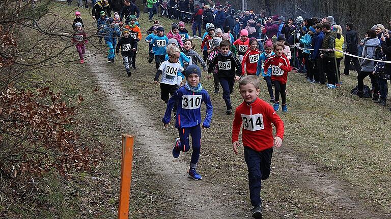 Die Bambini beim Waldlauf in Gambach, vorneweg Kilian Schönfeld (LG Main-Spessart).