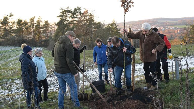 Vertreter aus Landwirtschaft, Politik und Naturschutz pflanzten gemeinsam in Unsleben zu Ehren des verstorbenen CSU-Politikers Josef Göppel einen Erinnerungsbaum.