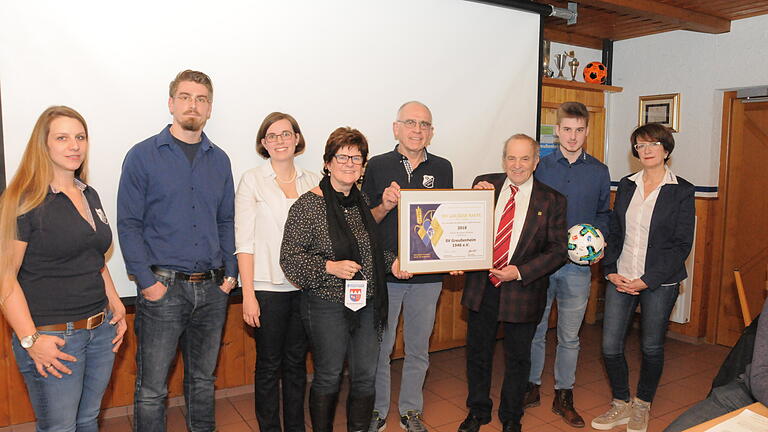 Mit großer Freude hat der Fritz Hartmann, Vereinsehrenamtsbeauftragter des SVG (5.v.l.) die Urkunde des BFV, im Beisein von Bürgermeisterin Karin Kuhn aus den Händen des BFV-Kreis-Ehrenamtsbeauftragten (KEAB) des Kreises Würzburg, Ludwig Bauer (3.v.r) entgegen genommen. Im Bild von links: Simone Mahler (Vorstand Schriftführung und Öffentlichkeitsarbeit), Jo Richartz (Vorstand Organisation und Repräsentation), Tanja Hartmann (Vorstand Finanzen und Verwaltung), Bürgermeisterin Karin Kuhn, Fritz Hartmann (Vereinsehrenamtsbeauftragter), Kreis-Ehrenamtsbeauftragten des Bayerischen Fußball-Verbandes (BFV) für den Kreis Würzburg, Ludwig Bauer, Marcel Schneider (Vorstand Fußball), Christa Öchsner (Vorstand Breitensport).