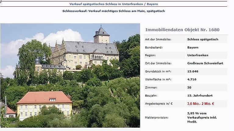 Schloss Mainberg wird auf dem Immobilienmarkt mit 3,6-2 Millionen Euro zum Verkauf angeboten. Schloss Mainberg wird auf dem Immobilienmarkt mit 3,6-2 Millionen Euro zum Verkauf angeboten.