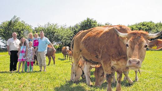 Einblick in die Landwirtschaft. Am Sonntag ist &bdquo;Tag des offenen Hofes&ldquo; auf dem Bauernhof Reck in Hambach. Von links BBV-Kreisobmann Konrad Klein, Isabell Reck, Elena Reck, Susanne Reck, Anna Reck und Michael Reck.