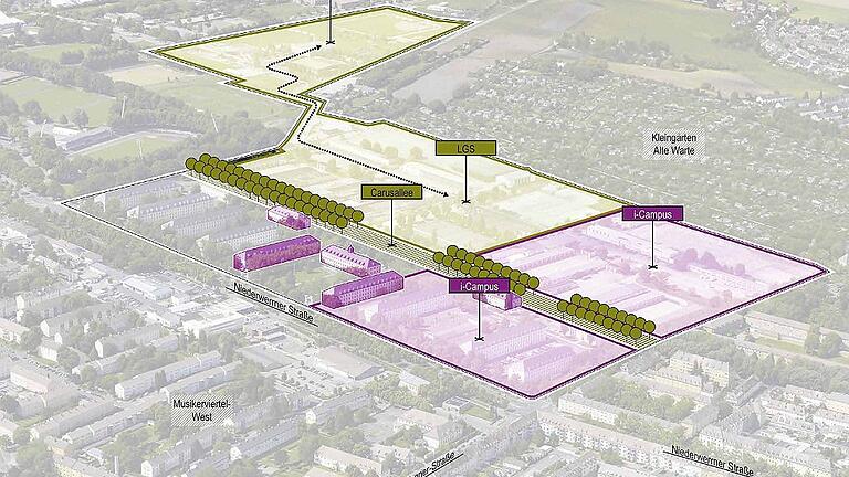 Die Planskizze für die Landesgartenschau 2026 auf dem Gelände der Ledward-Kasernen und von Yorktown Village in Schweinfurt nach dem Entwurf von UmbauStadt GbR/WGF Nürnberg.