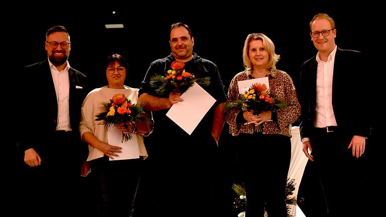 Auf dem Foto Geschäftsführer Bernd Titius, Petra Enders aus Bischofsheim, Ulrich Leiber aus Hollstadt, Manuela Schlembach aus Großwenkheim, Geschäftsführer Björn Tischer.