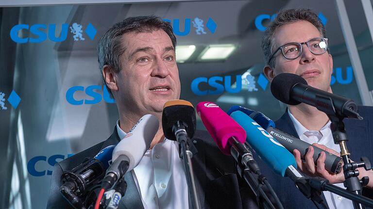 CSU-Chef Markus Söder und Generalsekretär Markus Blume am Montag in München vor der Presse.