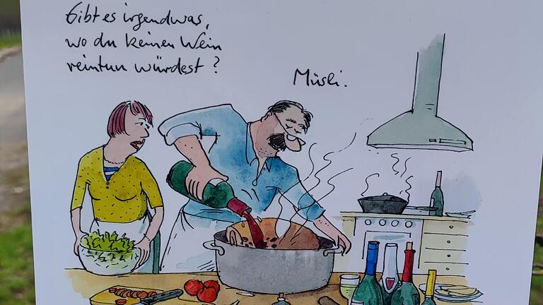 Einer der acht Cartoons rund um das Thema Wein von Peter Gaymann, die in den Sommerhäuser Weinbergen zu finden sind. Wo genau, das verraten die Initiatoren bewusst nicht.