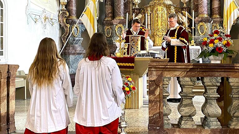 Primiziant Marvin Schwedler zelebrierte das festliche Hochamt zum Kiliani-Patrozinium in Wettringen. Mit am Altar der Stadtlauringer Pfarrer Dr. Eugen Daigeler.