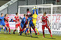 Der Anfang vom Ende:&nbsp; Denis Thomalla (1.FC Heidenheim, 3. v. re.) erzielt den Führungstreffer für die Gäste. Douglas Franco Teixeira (4.v.re.), Christian Strohdiek (3.v.li.), Rolf Feltscher (2.v.li.) und Arne Feick (re., alle FC Würzburger Kickers) können nur zugucken.