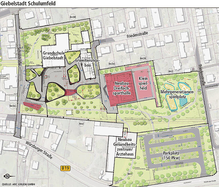 So stellt sich der Giebelstadter Gemeinderat die neue soziale Mitte der Gemeinde vor. Im grünen Umfeld um Grundschule und Sporthalle ist auch der Standort eines künftigen Gesundheitszentrums vorgesehen.