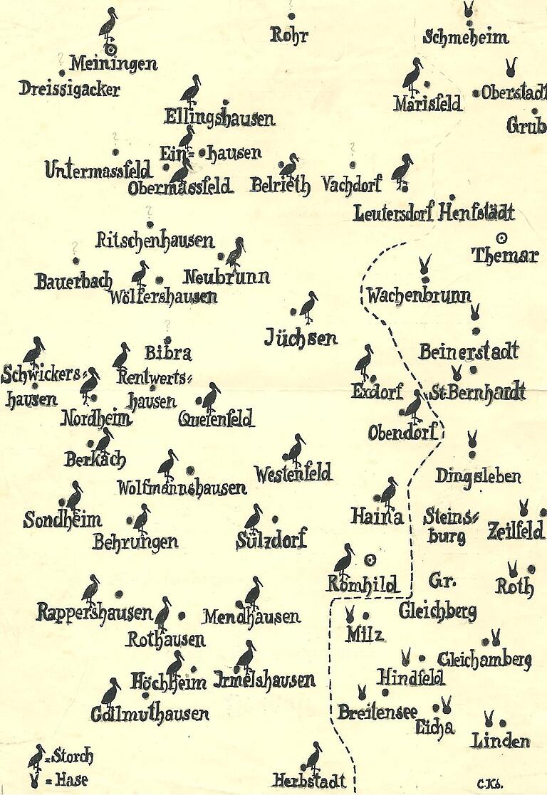 Aufschlussreich: In einer Karte hat der Römhilder Carl Kade vor über 100 Jahren die Ortschaften aufgelistet, in welchen damals der Osterhase und in welchen der Storch kam. Aufschlussreich: In einer Karte hat der Römhilder Carl Kade vor über 100 Jahren die Ortschaften aufgelistet, in welchen damals der Osterhase und in welchen der Storch kam.
