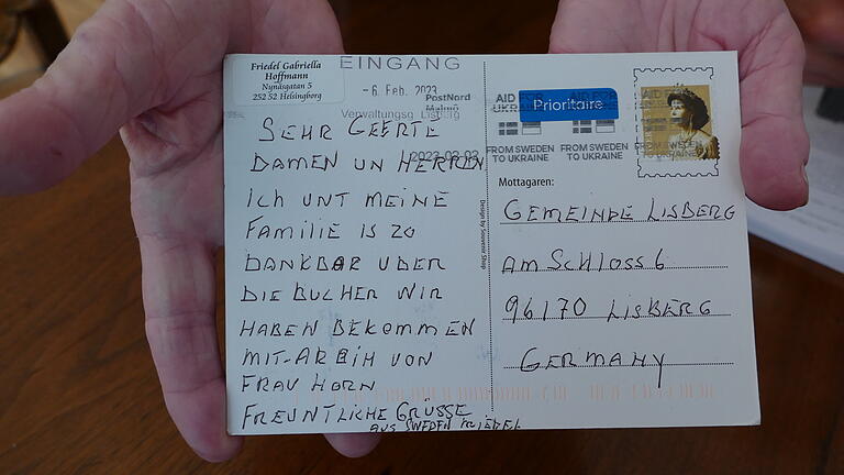 Auf Deutsch bedankt sich die im schwedischen Helsingborg lebende  Friedel Gabriella Hoffmann für das Gedenkbuch, in das ihre Vorfahrin Lena Gerstner, verheiratete Weintraub, aus Lisberg Eingang gefunden hat.