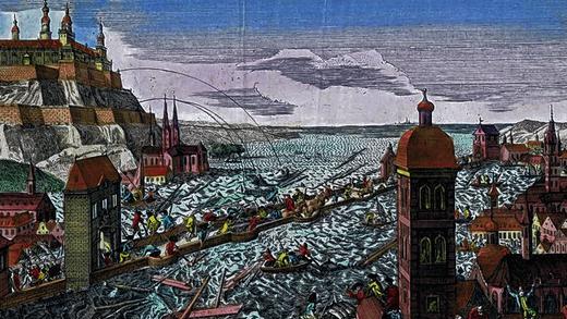 Dramatische Stunden in Würzburg: Fürstbischof Franz Ludwig von Erthal besichtigt am 27. Februar 1784 mit seinem Gefolge auf der Alten Mainbrücke das Jahrhunderthochwasser. Dramatische Stunden in Würzburg: Fürstbischof Franz Ludwig von Erthal besichtigt am 27. Februar 1784 mit seinem Gefolge auf der Alten Mainbrücke das Jahrhunderthochwasser.