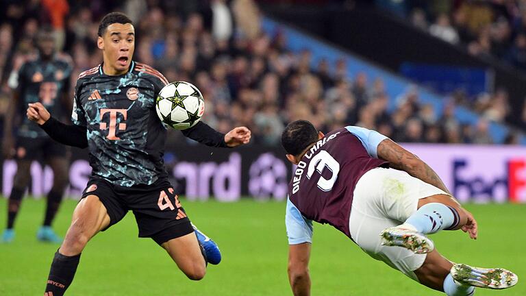 Aston Villa - Bayern München       -  Jamal Musiala (l), hier im Einsatz gegen Aston Villa, fehlt den Bayern in Frankfurt.