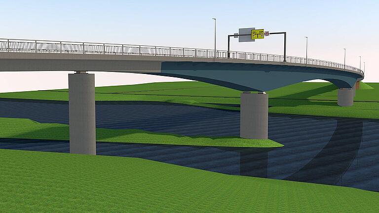 So soll die Gemündener Mainbrücke einmal aussehen. Das Stahlteil über dem Fluss erhält einen blauen Anstrich. Die Verkehrsfreigabe ist voraussichtlich im Herbst dieses Jahres. Skizze: Stadt Gemünden