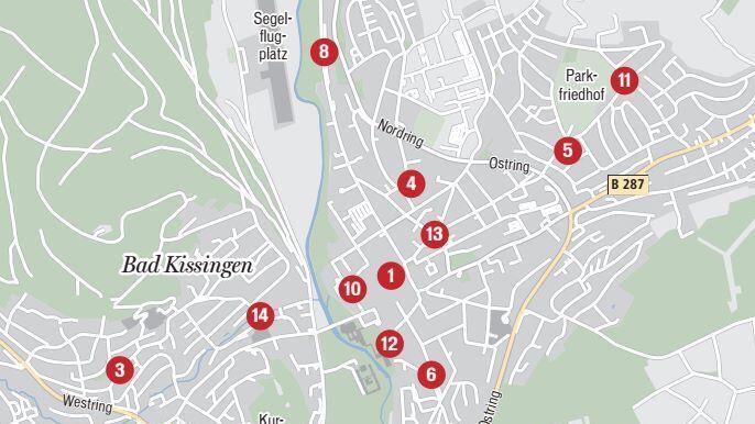 Der städtische Tiefbau plant derzeit 14 Straßen- und Kanalbauprojekte in Bad Kissingen.  Grafik: Dagmar Klumb       -  Der städtische Tiefbau plant derzeit 14 Straßen- und Kanalbauprojekte in Bad Kissingen.  Grafik: Dagmar Klumb