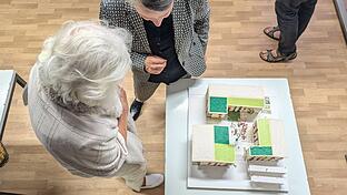 Ines-Ulrike Rudolph (r.) steht vor dem Modell eines Dreihaushofs. Ihr Büro ist in der Veit-Stoß-Straße 2.       -  Ines-Ulrike Rudolph (r.) steht vor dem Modell eines Dreihaushofs. Ihr Büro ist in der Veit-Stoß-Straße 2.