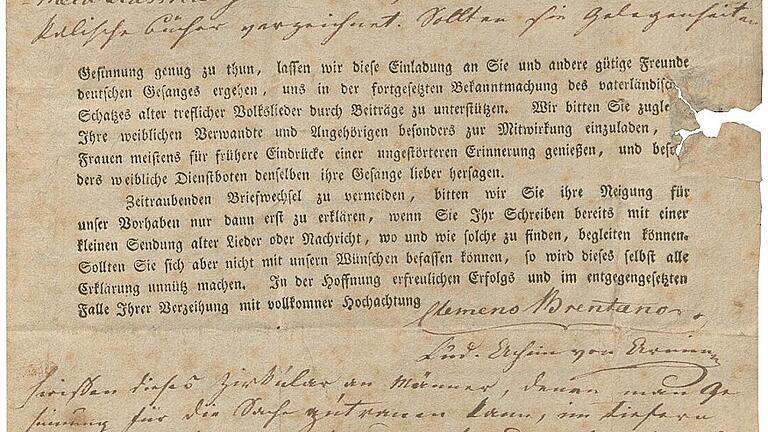 Clemens Brentano hat einen Rundbrief an Sammler und Gelehrte verfasst.