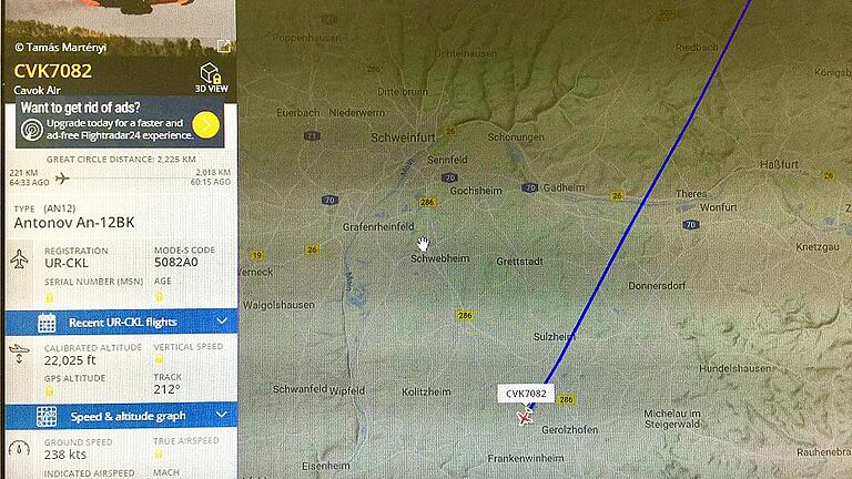 Mit der App Flightradar24.com kann man den Flug der Antonow An&ndash;12BK über das Steigerwaldvorland gut verfolgen.