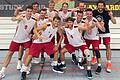 Die Basketball-Mannschaft der Uni Würzburg sind Deutscher Meister geworden. Hinten von links: Sebastian Schwab, Jonas Engelhart, Tilman Buschbeck, Tobias Weigl, Coach Sebastian Rauch. Mitte von links: Jan Hanzalek, Lukas Zimmermann, Fabian Hockgeiger, Alexander Lauts. Vorne von links: Marc Kunz, Constantin Ebert.