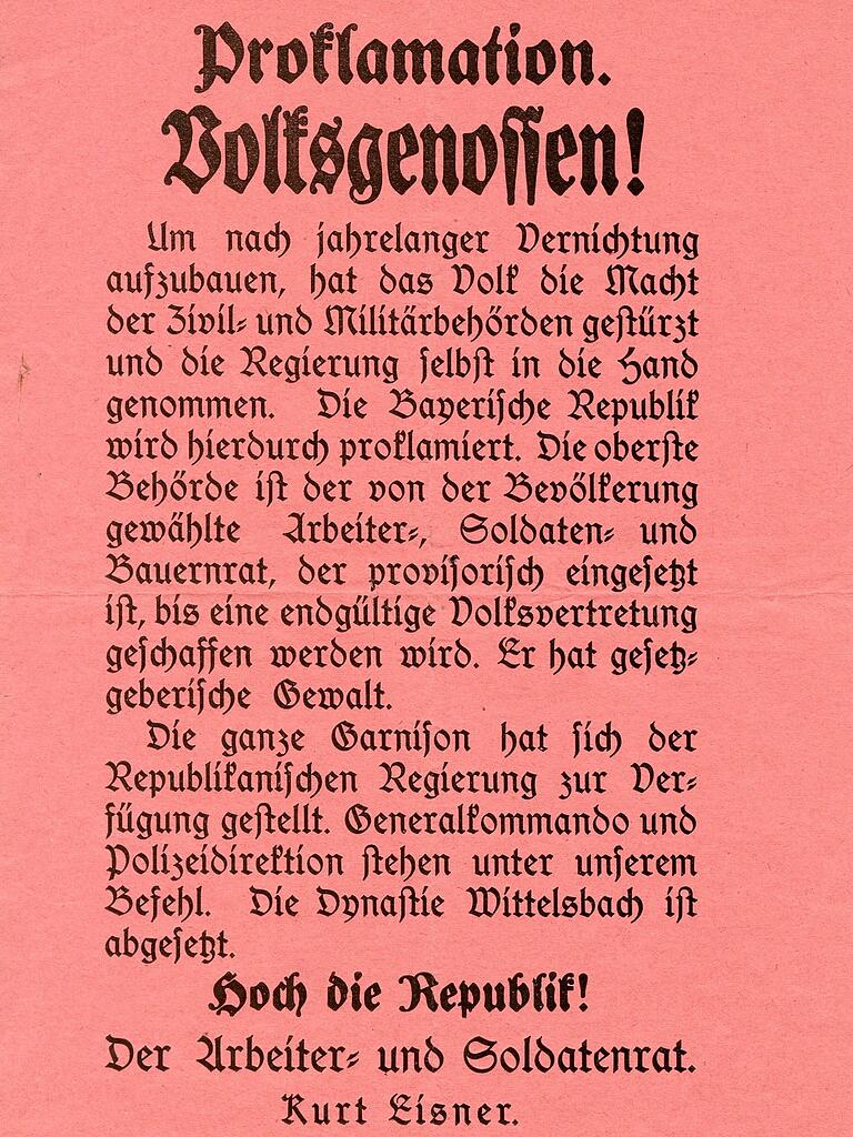 Mit der Proklamation des Arbeiter-, Soldaten- und Bauernrats durch die Münchner Revolutionäre wurden auch die Würzburger vom Sturz der Monarchie informiert.