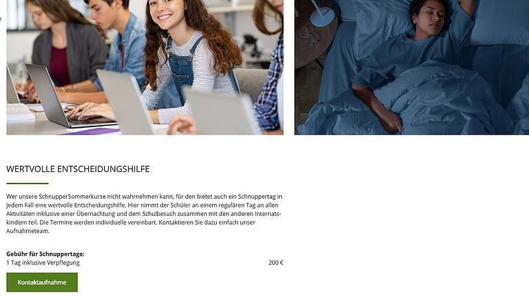 Auf der Internetseite bewerben die Verantwortlichen des geplanten Schlossinternats Bad Neustadt aktuell Schnupper-Sommerkurse und Schnuppertage. Offen bleibt, ab wann diese Kurse buchbar sind.