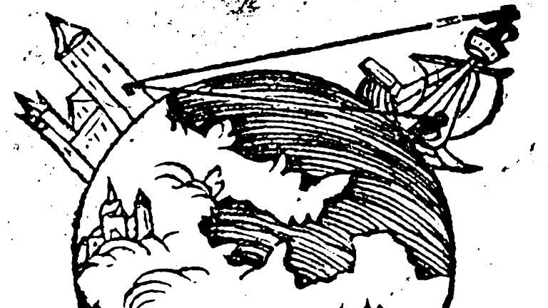Das Kugelbild stammt aus dem seit dem 13. Jarhundert bedeutendsten Lehrbuch der sphärischen Astronomie, 'De sphaera mundi', von Johannes de Sacrobosco. In diesem Fall ist es die Ausgabe von 1550.