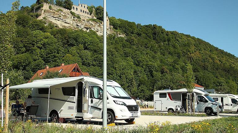 Wie aus dem Katalog: Der neue Wohnmobilstellplatz in Mühlbach mit der Karlsburg und dem sattgrünen Wald im Hintergrund.