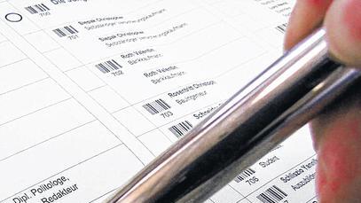 Moderne Wahlhelfer der elektronischen Art: Barcode-Lesestifte, mit denen die Stimmen ähnlich wie an der Supermarktkasse gescannt und auf die Listen in den Computer übertragen werden, erleichterten erstmals in vollem Umfang bei der Kommunalwahl auch in der VG Gerolzhofen die Stimmauszählung.