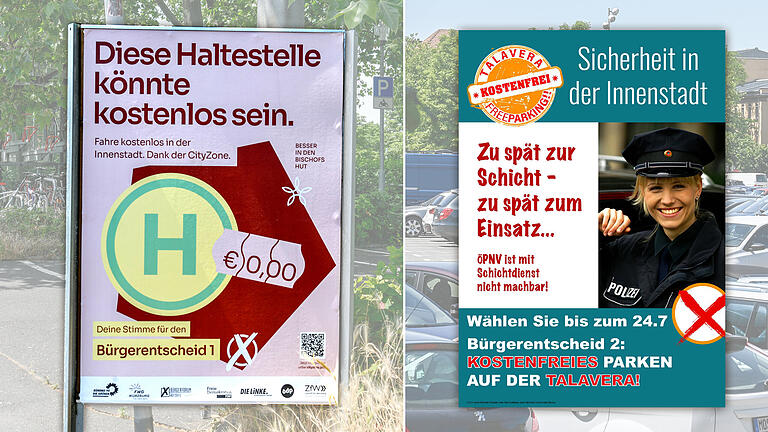 Mit Plakaten werben der Bürgerentscheid 1 (Ratsentscheid 'Besser in den Bischofshut') und der Bürgerentscheid 2 ('Kostenfreies Parken auf der Talavera') um Stimmen beim Bürgerentscheid über die Talavera-Bewirtschaftung.&nbsp;