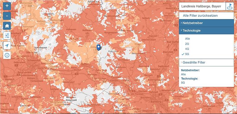 Die 5G-Abdeckung im Landkreis Haßberge weist noch deutliche weiße Flecken auf.