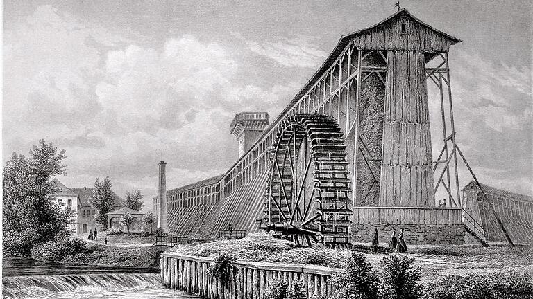 Blick von der Unteren Saline in nördlicher Richtung zum Kloster Hausen: das Gradierwerk im Jahr 1855. Blick von der Unteren Saline in nördlicher Richtung zum Kloster Hausen: das Gradierwerk im Jahr 1855.