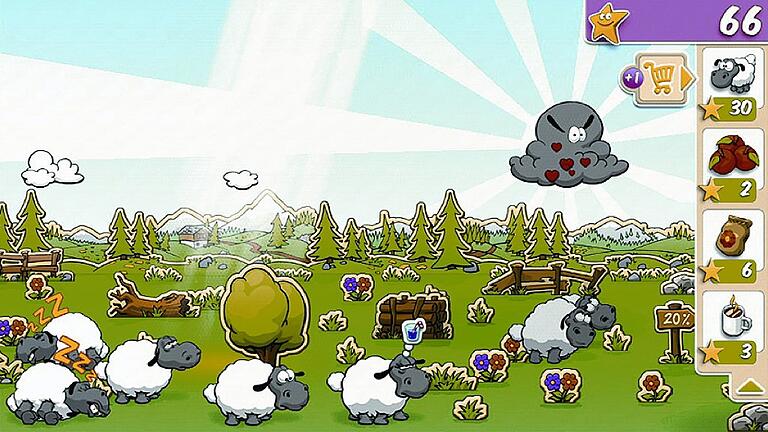 Knuffige Schafherde sucht Hirten: &bdquo;Clouds & Sheep&rdquo; von dem Spieleentwickler HandyGames in Giebelstadt.