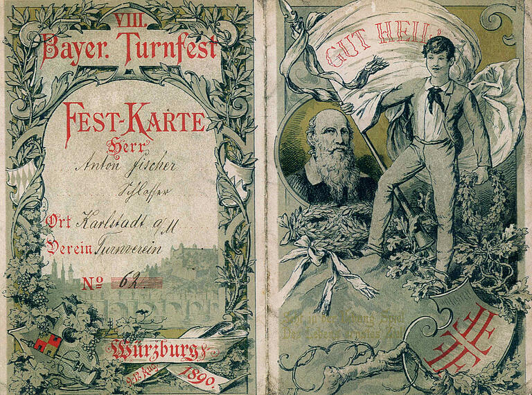 Mit dieser Festkarte wurde zum Turnfest des Turnvereins Karlstadt im Jahr 1890 eingeladen.