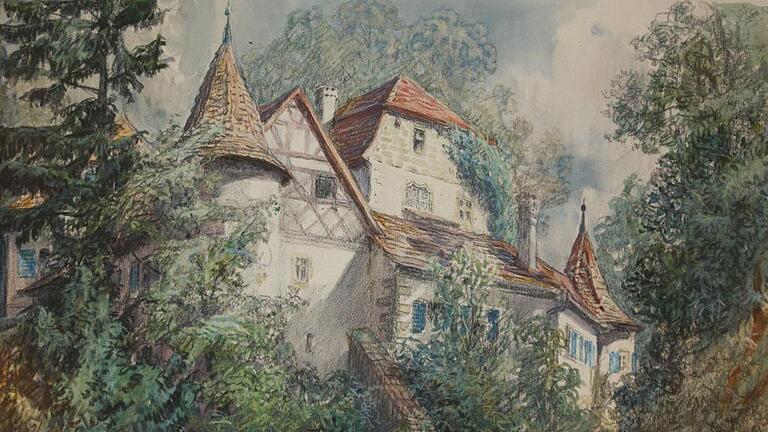 Das Rüdenhäuser Schloss, ein Bild von Franz Huth (1876-1970). Er gilt insbesondere in Thüringen als ein bedeutender Pastellmaler des 20. Jahrhunderts. Nach dem Krieg nahm es ein amerikanischer Leutnant mit über den großen Teich. Sein Sohn forschte nach und brachte das Original wieder nach Rüdenhausen.