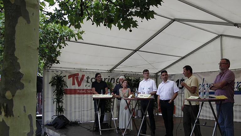 Die Bäume im Blick, die Bäume im Sinn: Bei der Podiumsdiskussion zum Für und Wider der Schweinfurter Baumschutzverordnung beim Sommerfest der Schweinfurter Liste/Freie Wähler auf dem Georg-Wichtermann-Platz ging es teilweise hoch her. Im Bild (von links) Ralf Hofmann, Erich Ruppert, Ulrike Schneider, Jan von Lackum, Rüdiger Köhler, Thomas Dippert und Edo Günther.Schikora