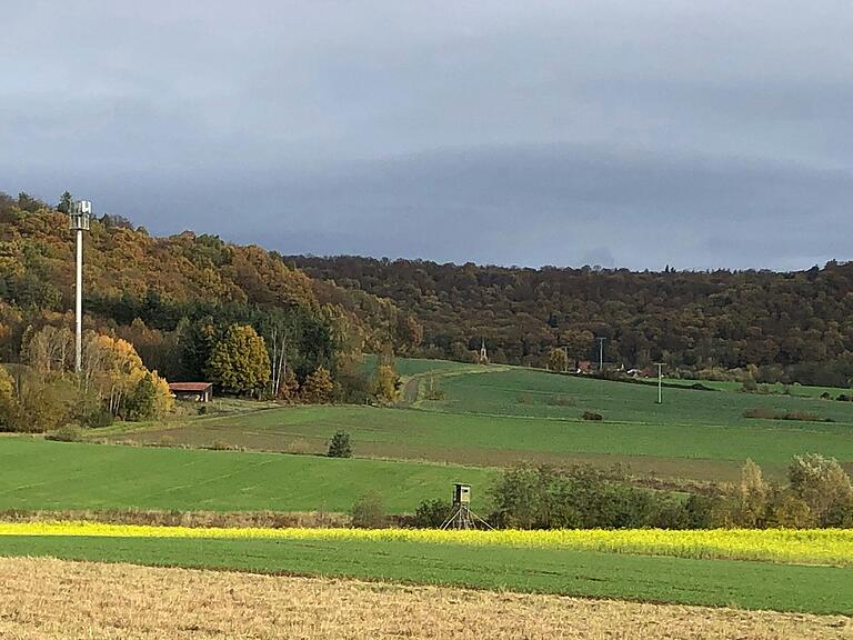Der bestehende Funkmastturm (links) zwischen Fabrikschleichach und Karbach. Im Hintergrund klein zu sehen: der Kirchturm von Fabrikschleichach.